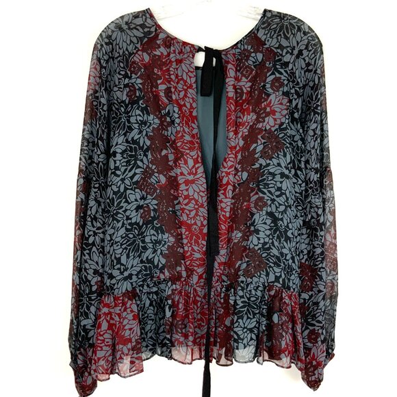 New Cinq a Sept Silk Chiffon Floral Tie Back Peplum Blouse Red Black Sz XS - Picture 3 of 16
